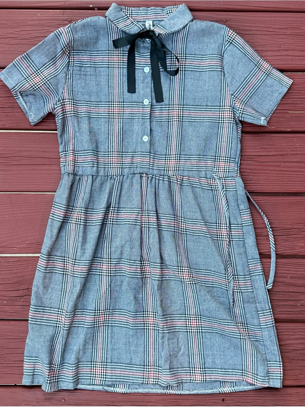 Plaid Tie-Neck Mini Dress in Gray